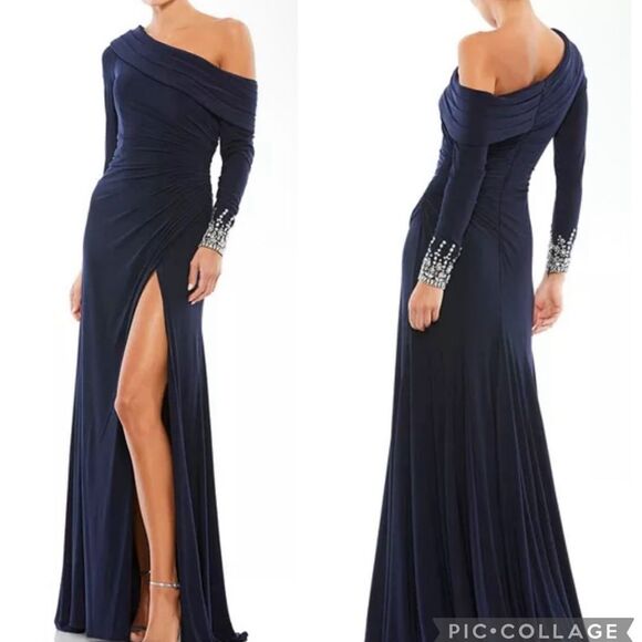 Mac Duggal NWOT Navy Blue One-Shoulder Gown with Silver Accents High Stretch 12 - Picture 1 of 13